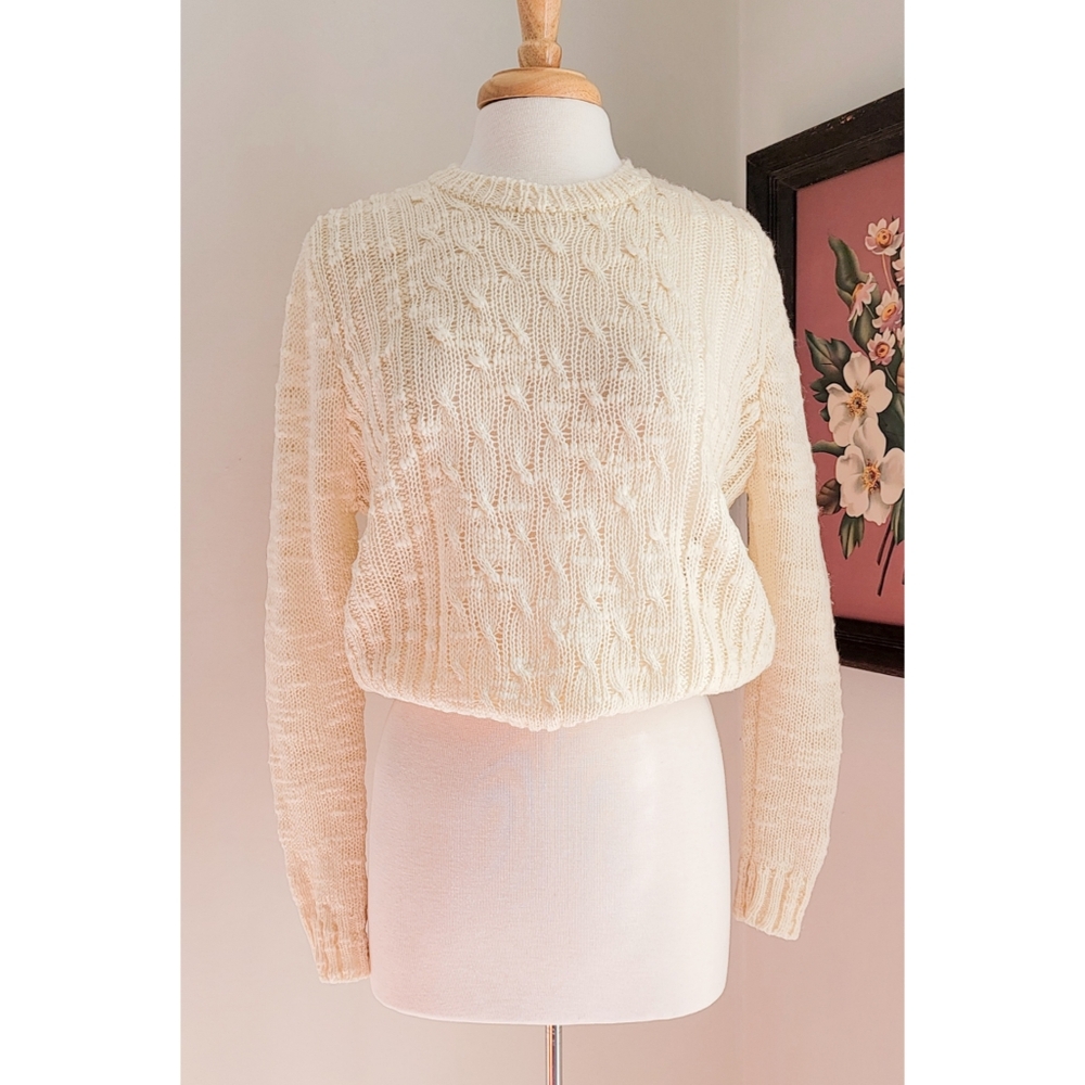 80s Ivory Pointelle Knit Crew Neck Long Sleeve Open Knit Neutral Vintage Sweater - Picture 13 of 14